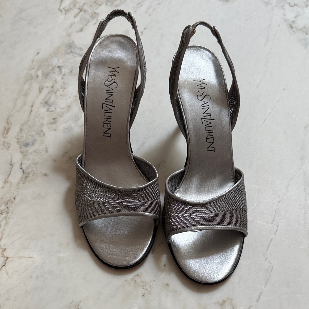 Yves Saint Laurent Metallic Silver Heels NWOT 6.5